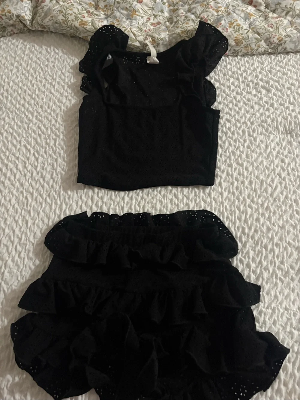 Black Eyelet Skirt Set — Feminine Ruffle Detail